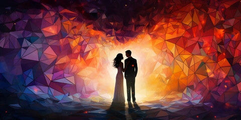Geometric Love: Abstract geometric shapes forming a heart, vibrant hues, encapsulating the bride and groom, artistic polygonal background