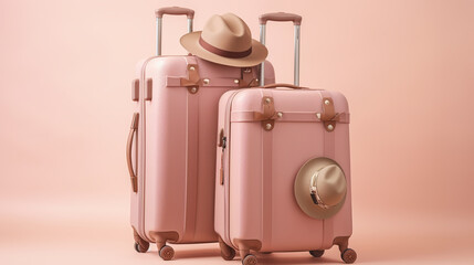 Fototapeta premium Pink suitcase with traveler accessories on pastel pink background. travel concept.minimal style. 3d rendering