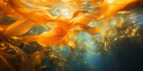 Kelp forest, abstract, resembling strokes of an impressionist painting, swirling vortex of colors and shapes