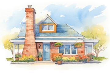 newly added brick chimney to a cape cod home, magazine style illustration