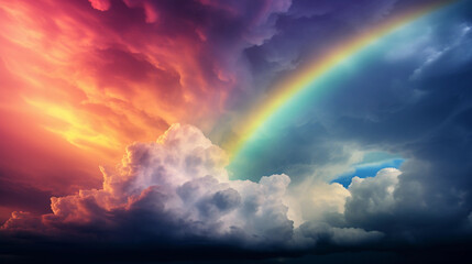 Oil painting emulation of a rainbow emerging through a stormy sky, heavy impasto technique, high contrast, ambient light