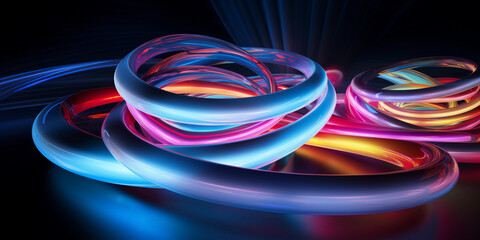 Neon rainbow spirals in a 3D space, floating, dynamic motion blur