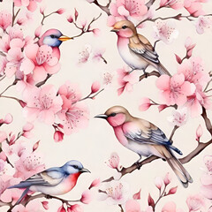 Watercolor cherry blossom pattern, generative ai