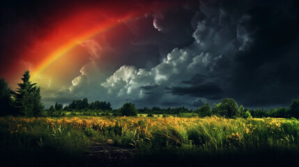 Fototapeta premium Oil painting emulation of a rainbow emerging through a stormy sky, heavy impasto technique, high contrast, ambient light