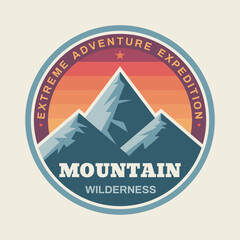Mountain logo badge graphic design. Hiking climbing concept emblem. Expedition adventure outdoor logo sign. Vector illustration. Flat graphic style. - 679364151