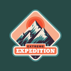 Mountain logo badge graphic design. Hiking climbing concept emblem. Extreme expedition adventure outdoor sign. Vector illustration. Badge for t-shirt design. - 679364154