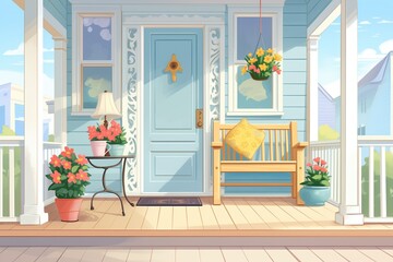modernized front porch with fresh flowers, magazine style illustration