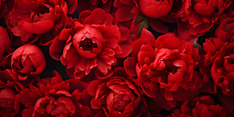 Top view floral background with red peonies
