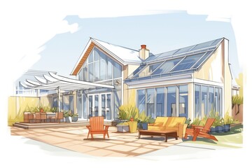 angular shot of cape cod residence with a solarium extension, magazine style illustration