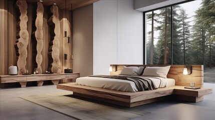 minimalist bedroom with wooden accents and hidden storage in log-inspired furniture