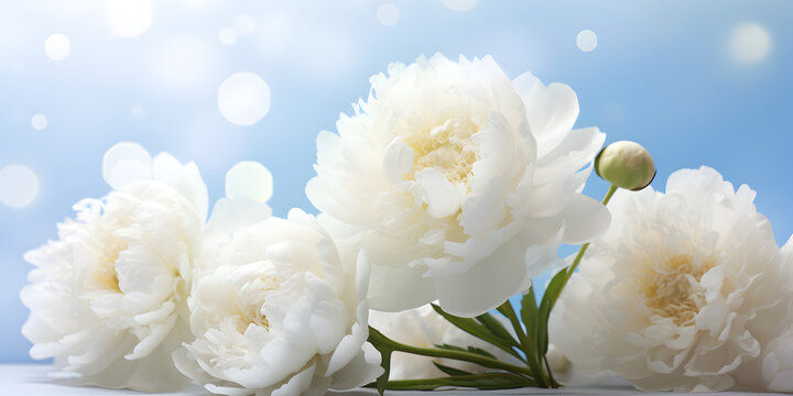 Close up of white peonies , blue sky background