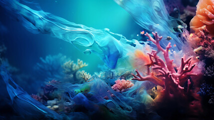 Fototapeta na wymiar Abstract coral reef, multiple hues of blue and teal, fractal designs mimicking fish and corals, vibrant, energetic movement, dreamlike atmosphere