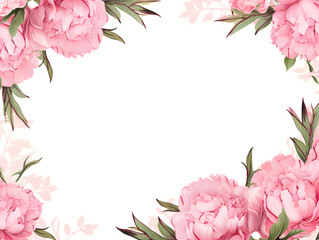 Floral frame background with pink peonies, white copy space for text