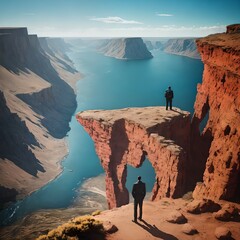 the man is standing on a cliff looking at an alien planet