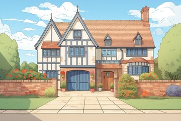 extended tudor with modern annex and driveway, magazine style illustration