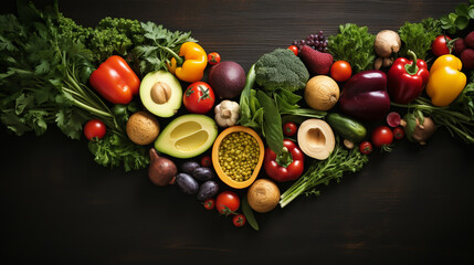 heart shape by various vegetables and fruits on black stone background
