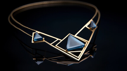 Contemporary necklace, geometric shapes, gold and sapphire elements, lying on a dark marble surface, reflections