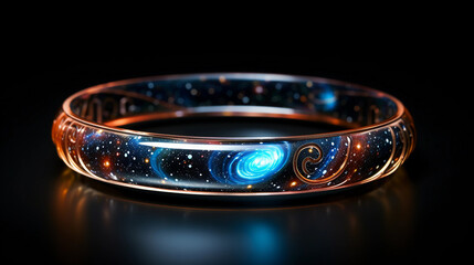 Cosmic-themed arm bangle, 3D art, resembling a galaxy, swirling stars and nebula, vivid colors, floating in outer space, black background