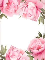 Floral frame background with pink peonies, white copy space for text