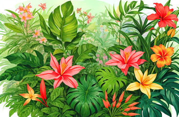 AI Generated, Notanical herbal exotic tropical plants herbs flowers botanical foliage background nature jungle lanfscape. Graphic Art.