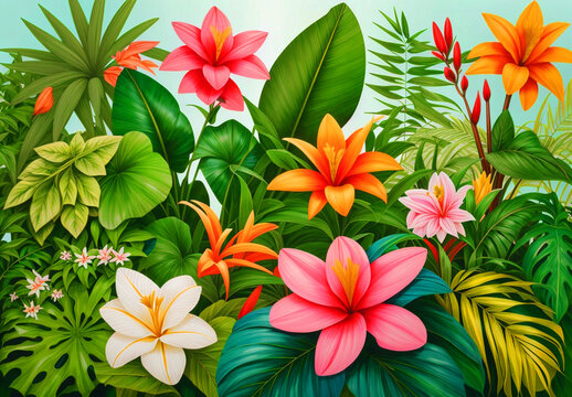 AI Generated, Notanical herbal exotic tropical plants herbs flowers botanical foliage background nature jungle lanfscape. Graphic Art.