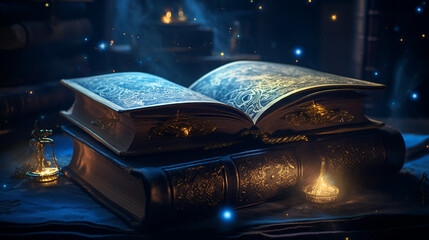 image of open antique book on wooden table with glitter background