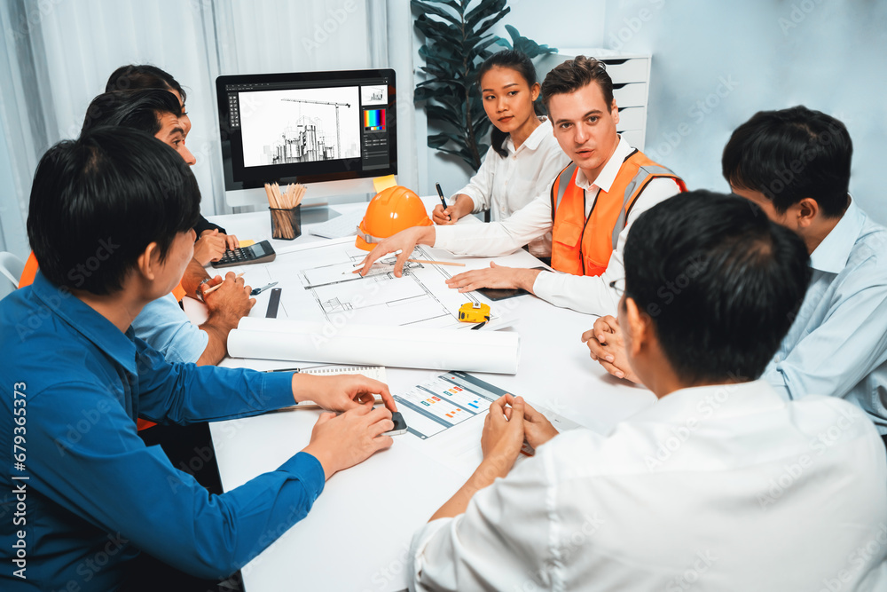 Aufkleber diverse group of civil engineer and client working together on architectural project, reviewing cons