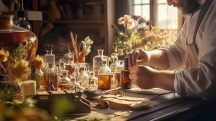 A close-up of a perfumer at his desk looking for a new fragrance. Vintage cinematic perfumery concept. Sunny day in the working workshop. Lots of ingredients, glass flasks. Depth of field