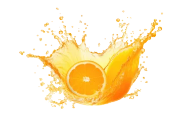  Splash of fresh orange juice isolated on transparent background. AI generative. © Macarena