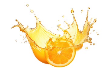 Splash of fresh orange juice isolated on transparent background. AI generative. - obrazy, fototapety, plakaty