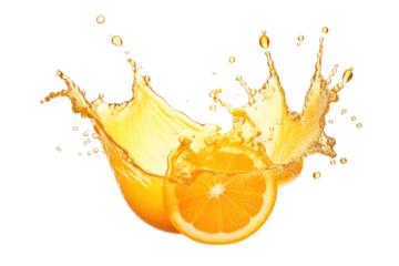 Splash of fresh orange juice isolated on transparent background. AI generative.
