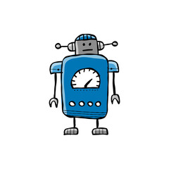 Funny robot isolated on white. Childish style icon, character for your design