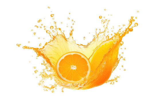 Splash of fresh orange juice isolated on transparent background. AI generative.