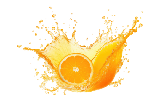 Splash of fresh orange juice isolated on transparent background. AI generative.