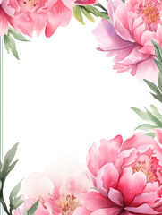 Watercolor frame background with pink peonies, white copy space for text