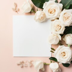 Obraz na płótnie Canvas white rose Wallpaper and Greeting Card in Flat Lay Style, Mother's Day Sale, female, flat lay flowers with copyspace, banner, flora, holiday