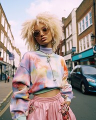 Fashion-forward woman with afro curls and colorful sweater posing stylishly on an urban street - obrazy, fototapety, plakaty