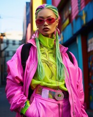 Obraz premium Bold and colorful streetwear style featuring a woman with green braids in a bright pink jacket and accessories