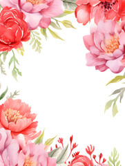 Watercolor frame background with red peonies, white copy space for text