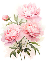 Watercolor illustration of pink peonies, white background