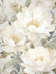 Watercolor illustration of white peonies, floral background