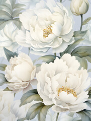 Watercolor illustration of white peonies, floral background