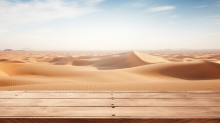 empty wooden table top for product display montages with blurred desert view background