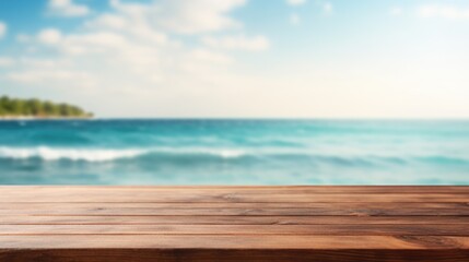 Fototapeta na wymiar empty wooden table top for product display montages with blurred ocean, sea view background