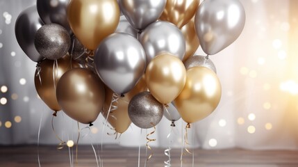Birthday card. Happy birthday. Air balloons, Foil balloons, Birthday balloon, glitter confetti elements.