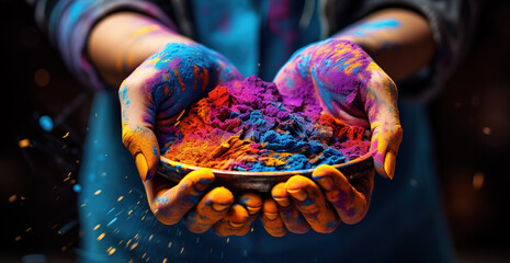 Close-up of hands holding a jar full of coloured powder, an example of the colourful celebration of holidays in India.