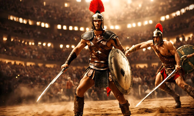 Fight of two Roman soldiers. Digital art. Colosseum warriors fighting in gladiator's arena. greek soldiers with sword and shield. warriors on arena background. Generative AI.
