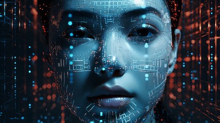 A female face with matrix digital numbers, dots, links. Digital screen with touch face of virtual reality. Robotic wired head