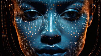 a female black face with matrix digital numbers, dots, links. Digital screen with a virtual reality woman. Robotic wired head.