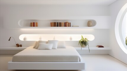 minimalist bedroom with white-on-white decor and concealed storage in wall niches